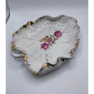 Vintage Fleetwood China Handpainted Leaf Trinket Dish, Floral Flowers, Gold Trim